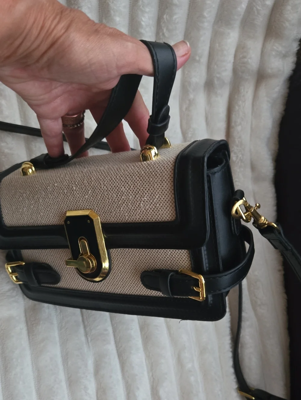 Black & Cream Structured Crossbody Bag with Gold Hardware